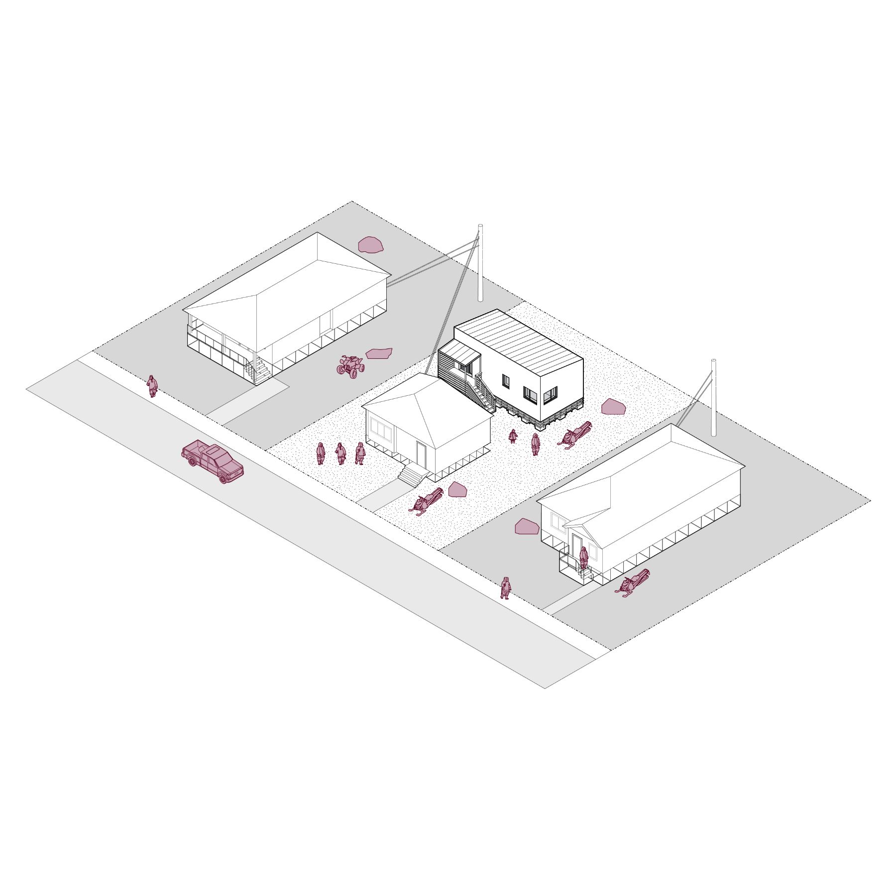 A 3D line rendering of the Accessory Dwelling Unit 02, which has an area of approximately 430 to 500 square feet. The rendering shows the unit’s placement in a residential setting, emphasizing its efficient use of space and single storey layout.